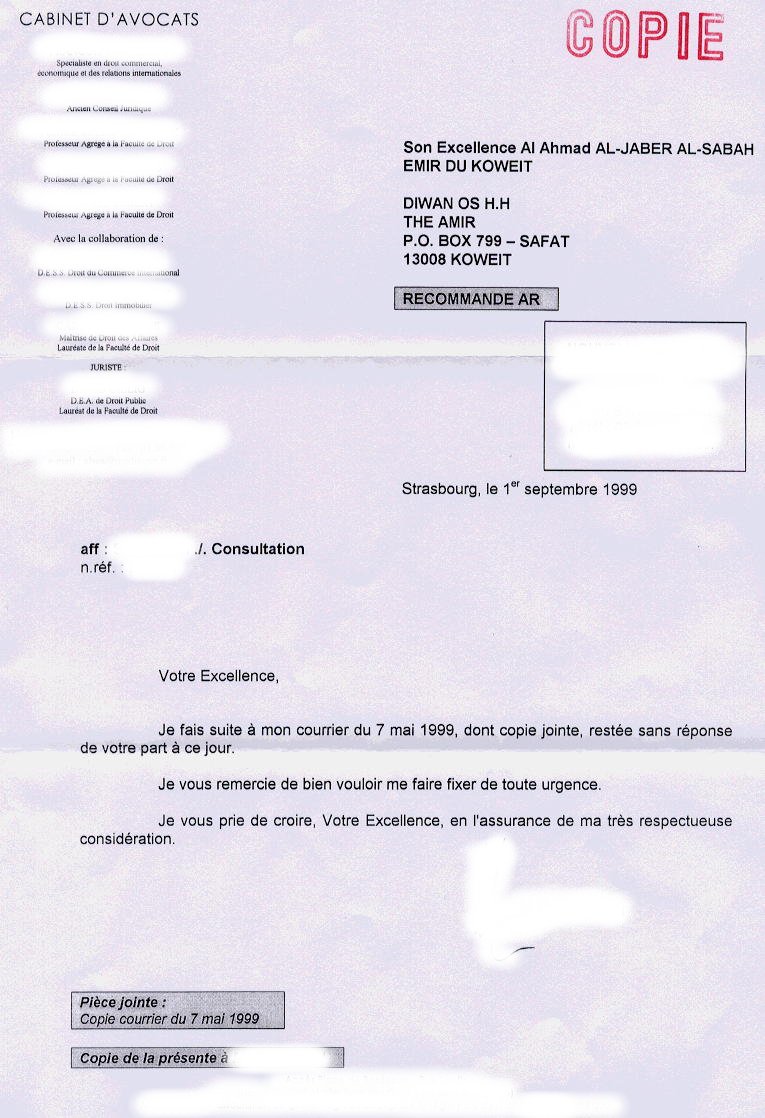 Letter dated, 1st of September 1999